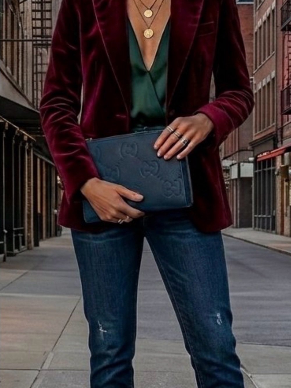 Authentic Gucci Jumbo GG Handbag Pouch Second Bag Clutch Leather Navy Blue